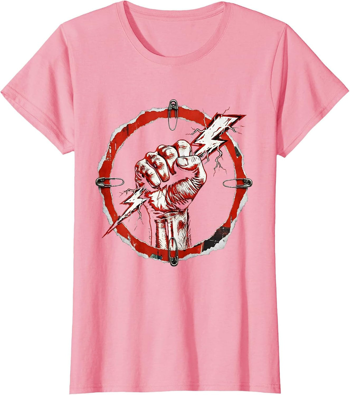 Women's Rock Band Raised Fist Lightning Bolt Graphic T-Shirt - Pink