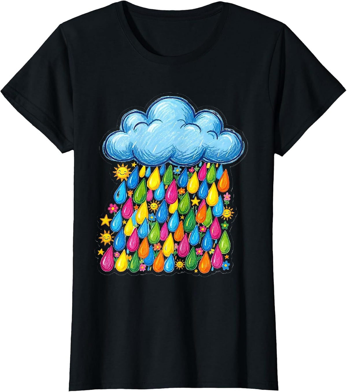 Women's Preschool Teacher Cloud Colorful Letter Rain Design T-Shirt - Black