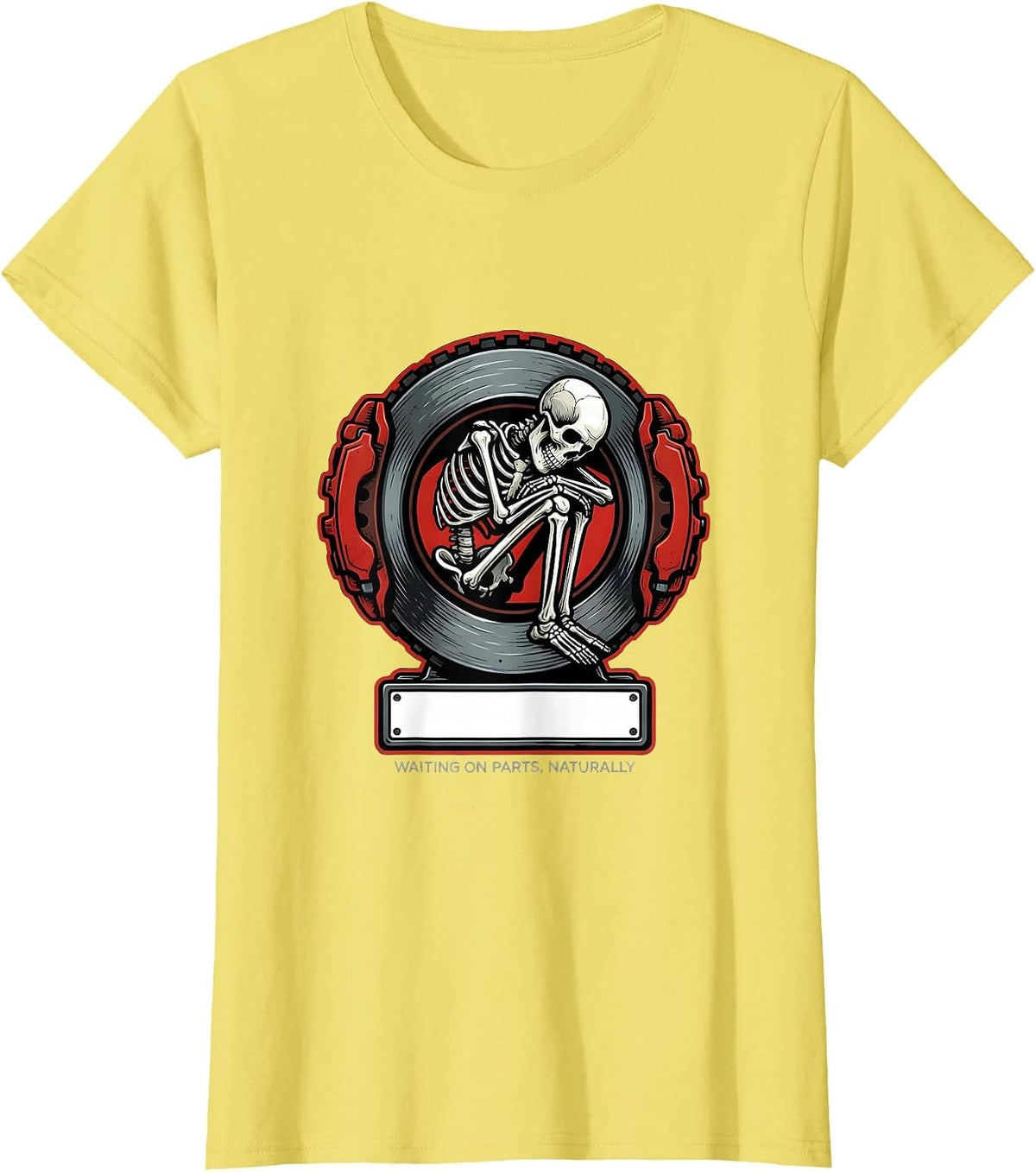 Women's Waiting On Parts Naturally Funny Mechanic Skeleton Auto T-Shirt - Lemon Yellow