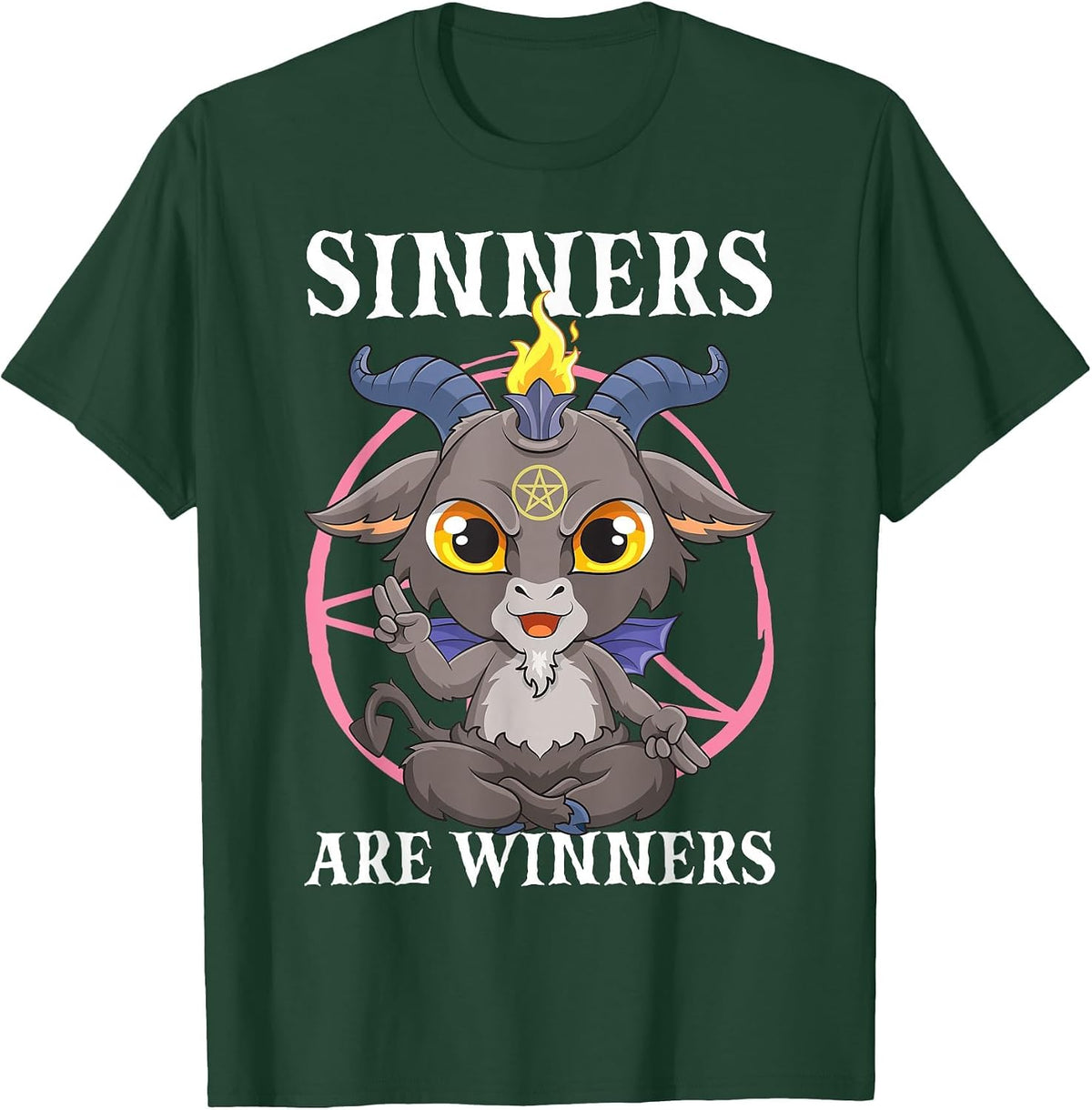 Sinners are Winners Satanic Baphomet Satan Goat Pentagram T-Shirt - Dark Green