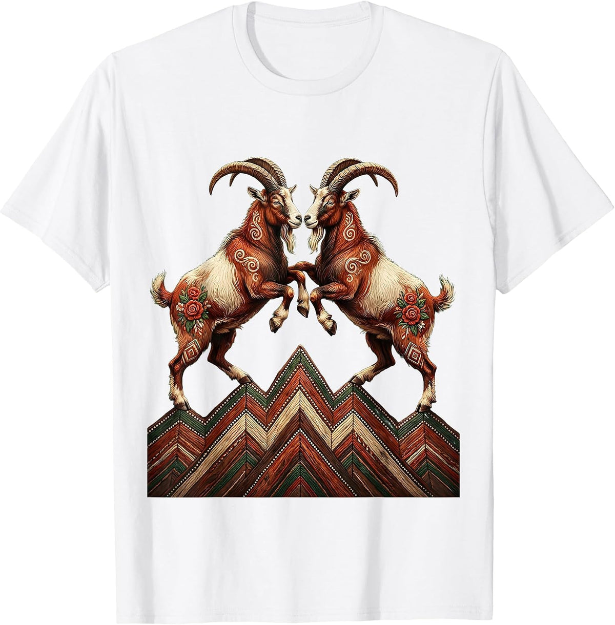 Men's Two Goats Locking Horns on a Mountain Ridge T-Shirt - White