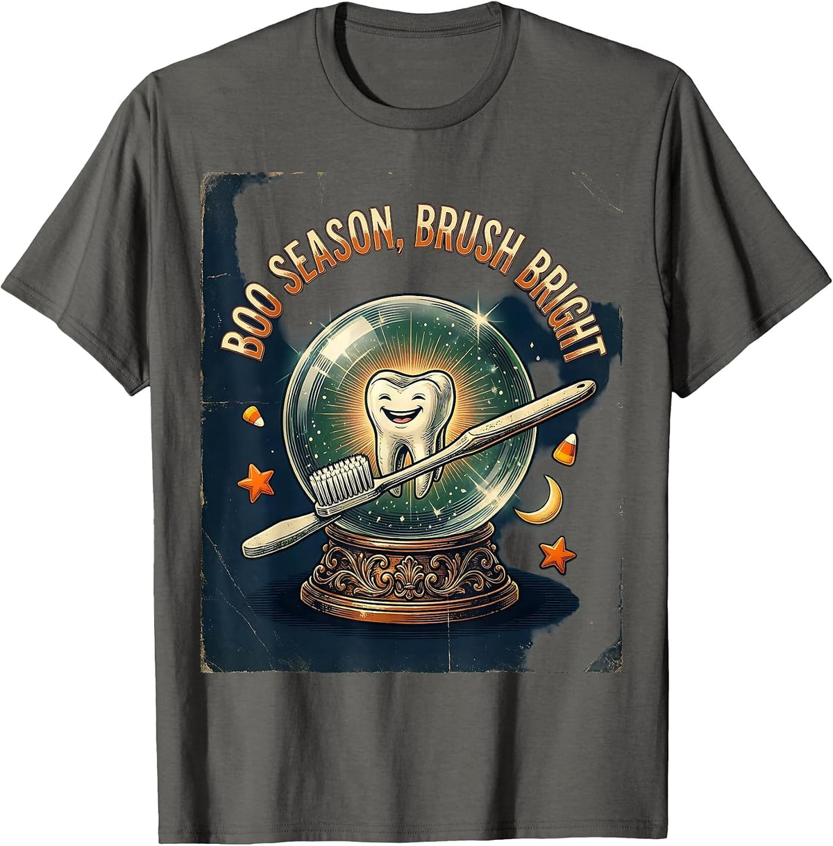 Boo Season Brush Bright Vintage Halloween Dentist Dental T-Shirt - Asphalt Grey