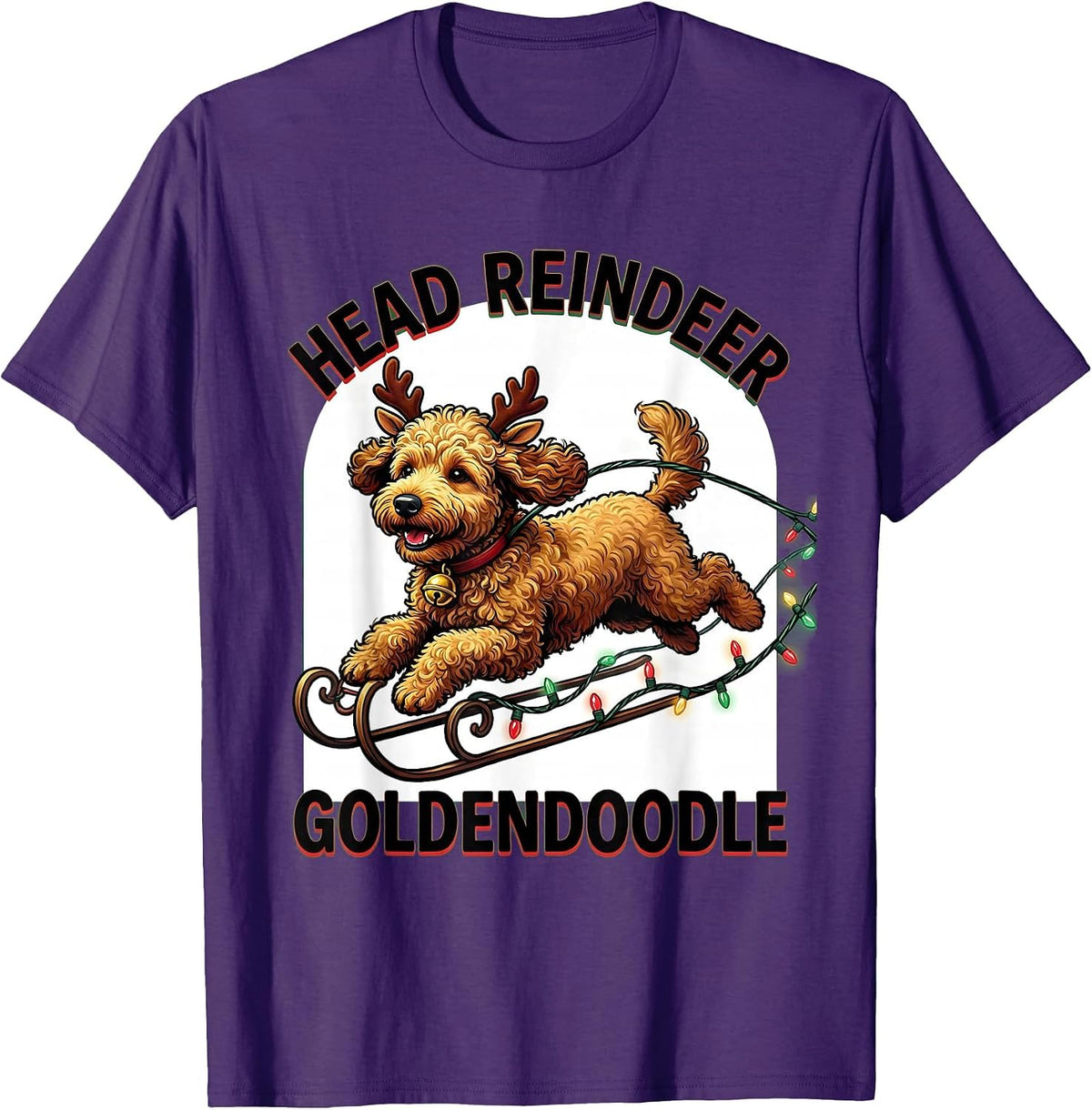 Head Reindeer Goldendoodle Funny Dog Breed Christmas Lights T-Shirt - Purple