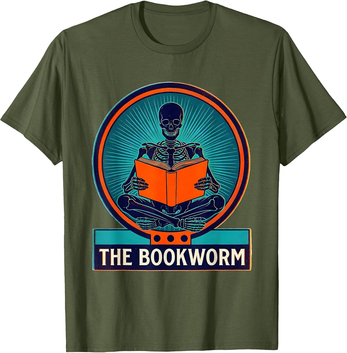 The Bookworm Risograph Tarot Skeleton Book Lover Dark T-Shirt - Olive Green