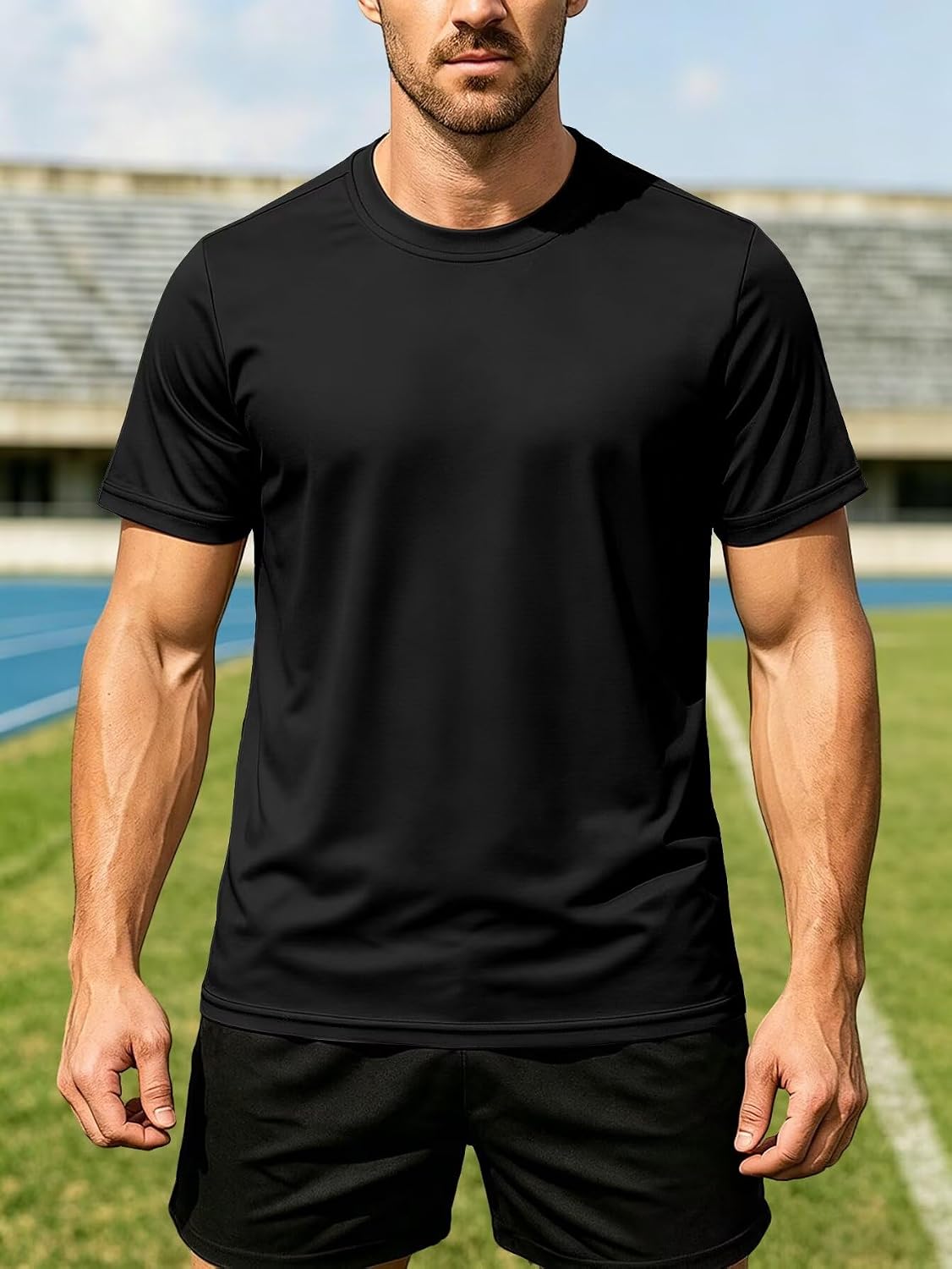 Mens Athletic T Shirt Short Sleeve Crewneck Workout Gym Training Top - Black