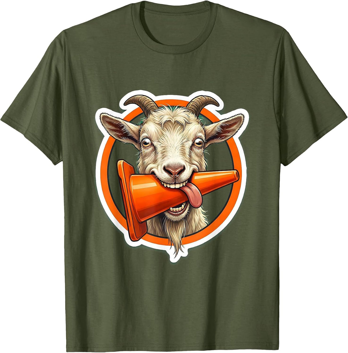 Men's Derpy Goat Eating a Traffic Cone Funny Illustration T-Shirt - Olive Green