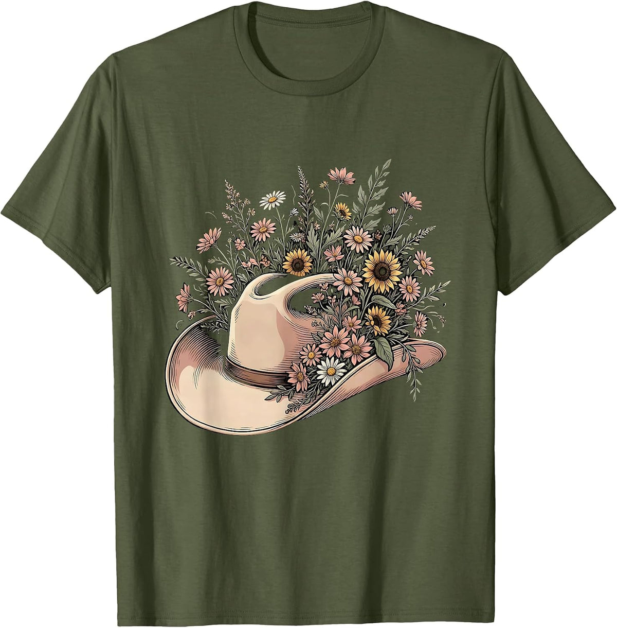 Men's Cowgirl Hat Wildflowers Western Floral Illustration T-Shirt - Olive Green