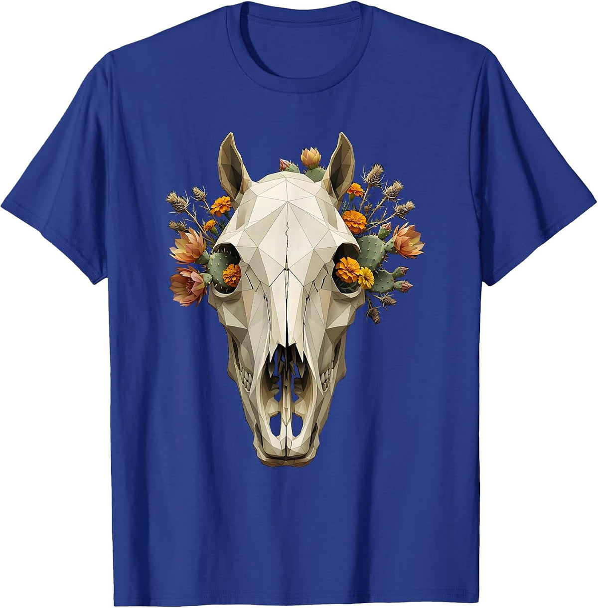 Horse Skull Desert Flowers Boho Western Illustration T-Shirt - Royal Blue