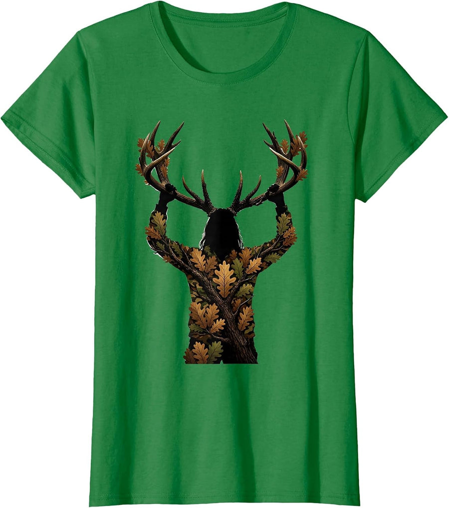 Women's Camo Deer Hunter Trophy Rack Hunting Illustration T-Shirt - Kelly Green