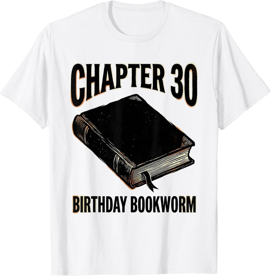 Men's Chapter 30 Birthday Bookworm Linocut Milestone Keepsake T-Shirt - White