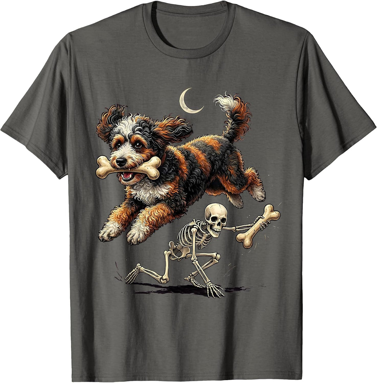 Men's Curly-Coated Bernedoodle Skeleton Chasing Halloween Humor T-Shirt - Asphalt Grey