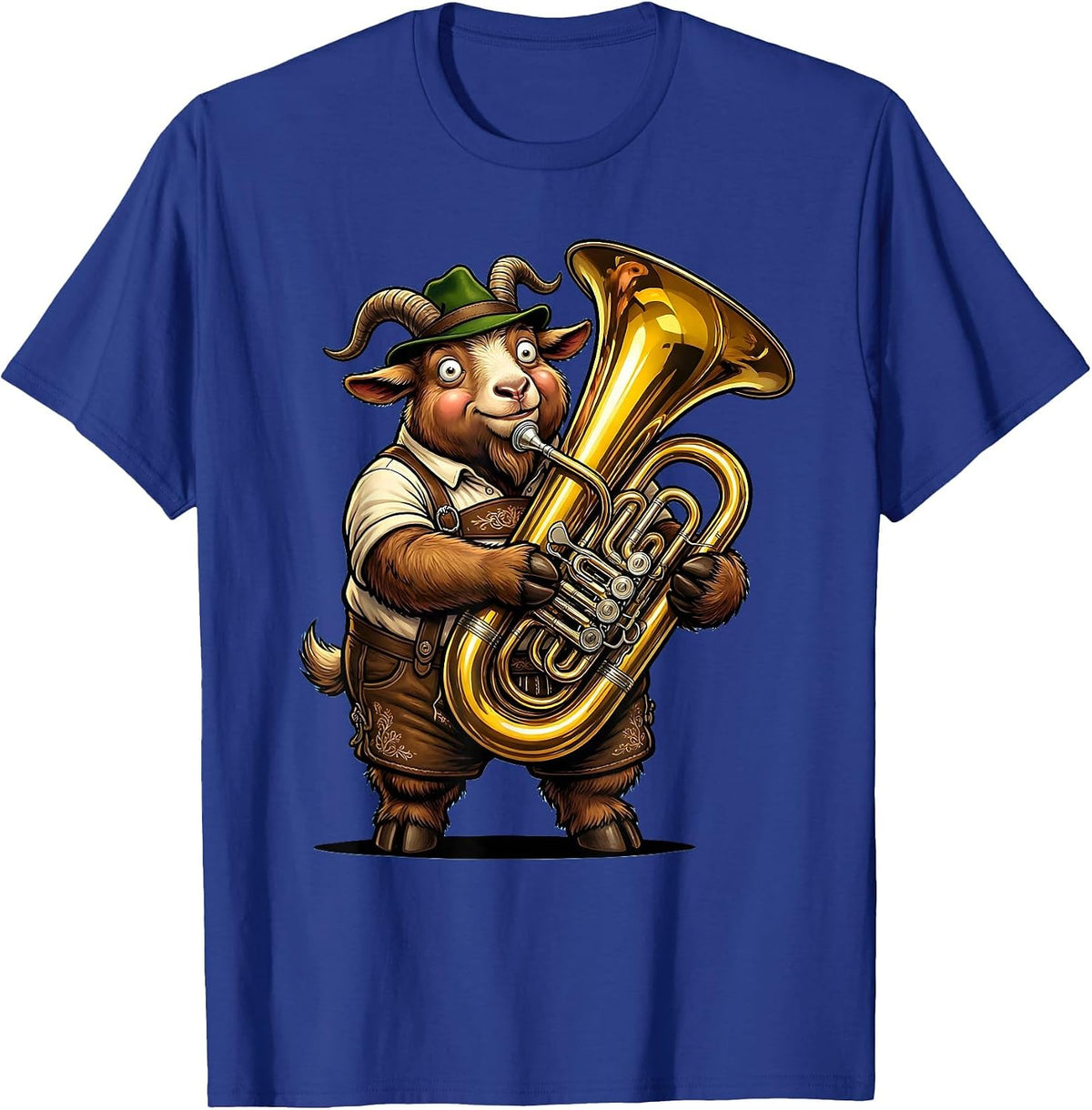 Men's Funny Oktoberfest Goat in Lederhosen Playing Tuba T-Shirt - Royal Blue