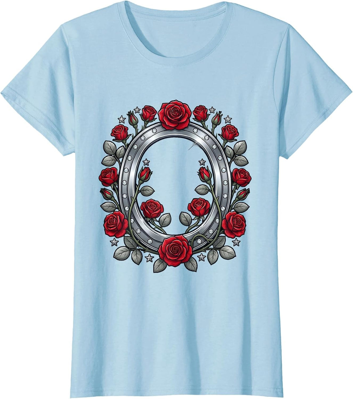 Horseshoe Wild Roses Western Graphic Tee T-Shirt - Baby Blue