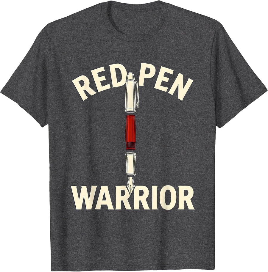 Men's Red Pen Warrior English Teacher Design T-Shirt - Dark Heather Grey