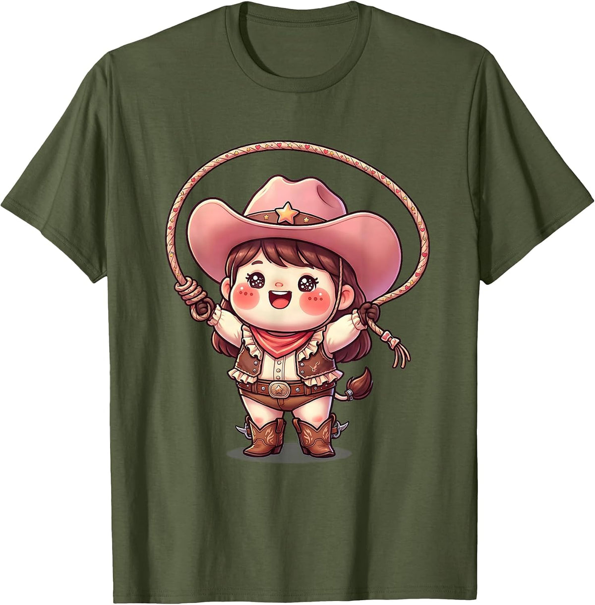 Pink Cowgirl Lasso Twirl Western Rodeo Design T-Shirt - Olive Green