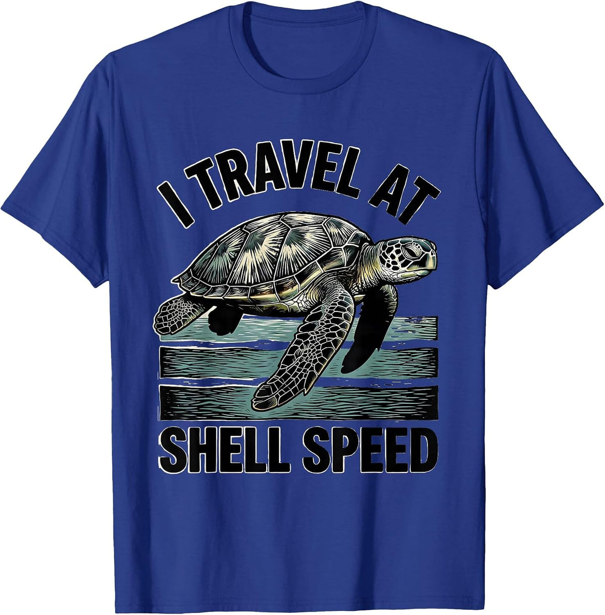 Men's I Travel At Shell Speed Woodcut Engraving Sea Turtle Lover T-Shirt - Royal Blue