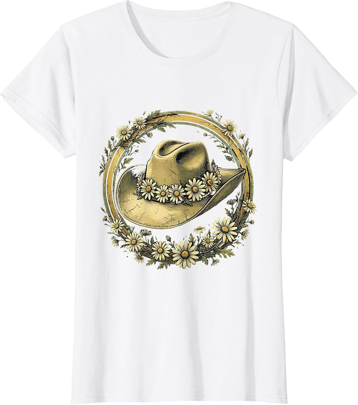 Cowgirl Hat Daisy Chain Western Floral Design T-Shirt - White