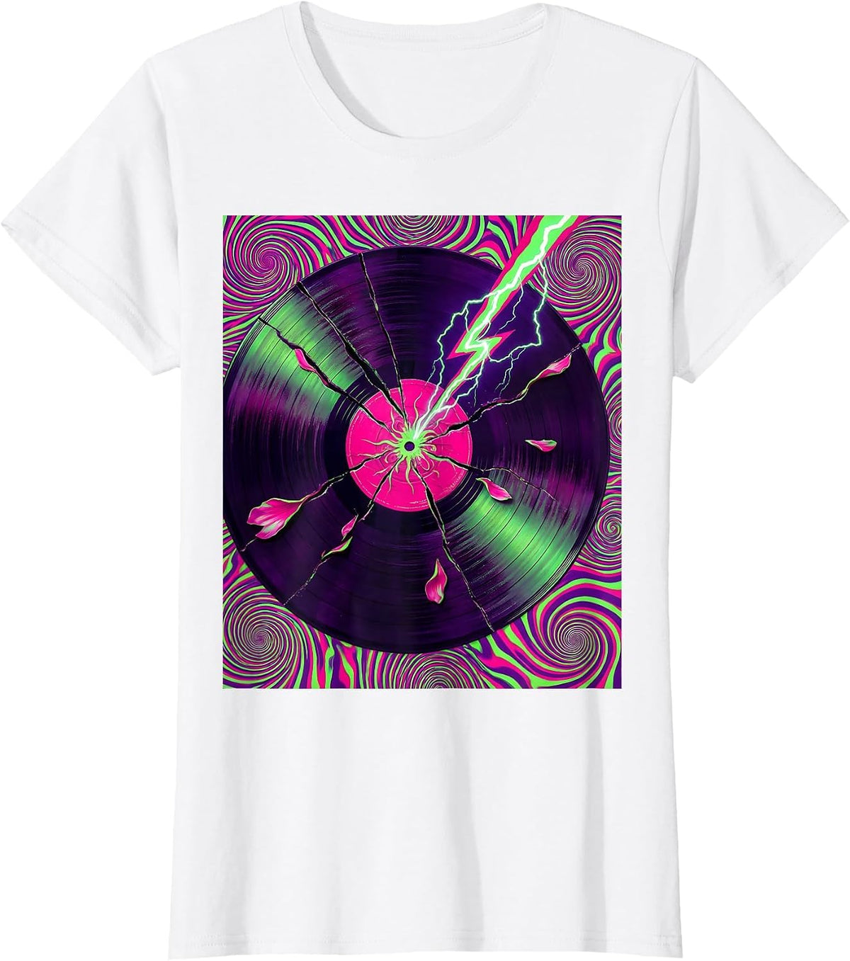 80s Lightning Bolt Cracking Vinyl Record Graphic T-Shirt - White