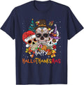 Sugar-Skull Skeleton Halloween Xmas Happy Hallothanksmas T-Shirt - Navy Blue