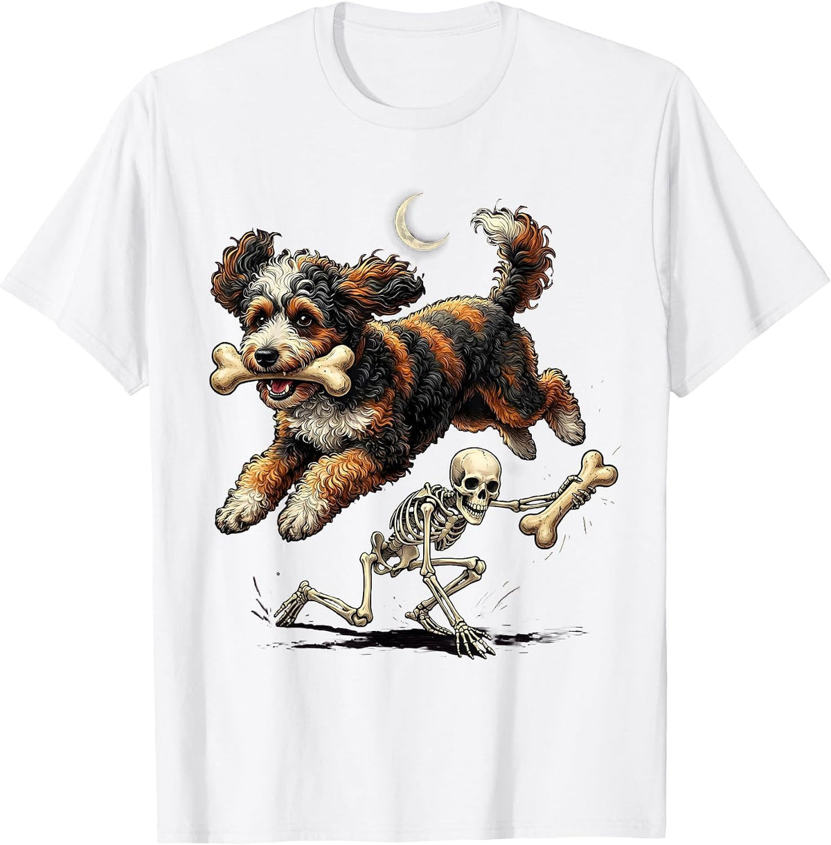 Men's Curly-Coated Bernedoodle Skeleton Chasing Halloween Humor T-Shirt - White