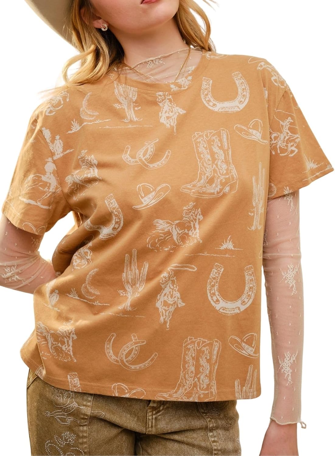 Women's Western Graphic Print Crew Neck Tee Drop Shoulder Casual Cowgirl Short Sleeve T-Shirt - Yellow