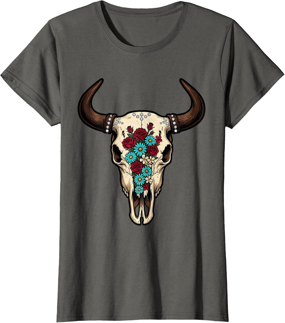 Women's Bull Skull Wildflowers Boho Western Floral Illustration T-Shirt - Asphalt Grey