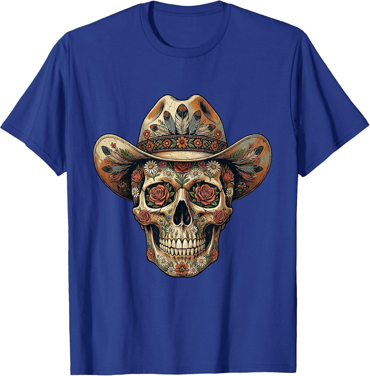 Floral Skull Wide Brim Hat Western Graphic Design T-Shirt - Royal Blue