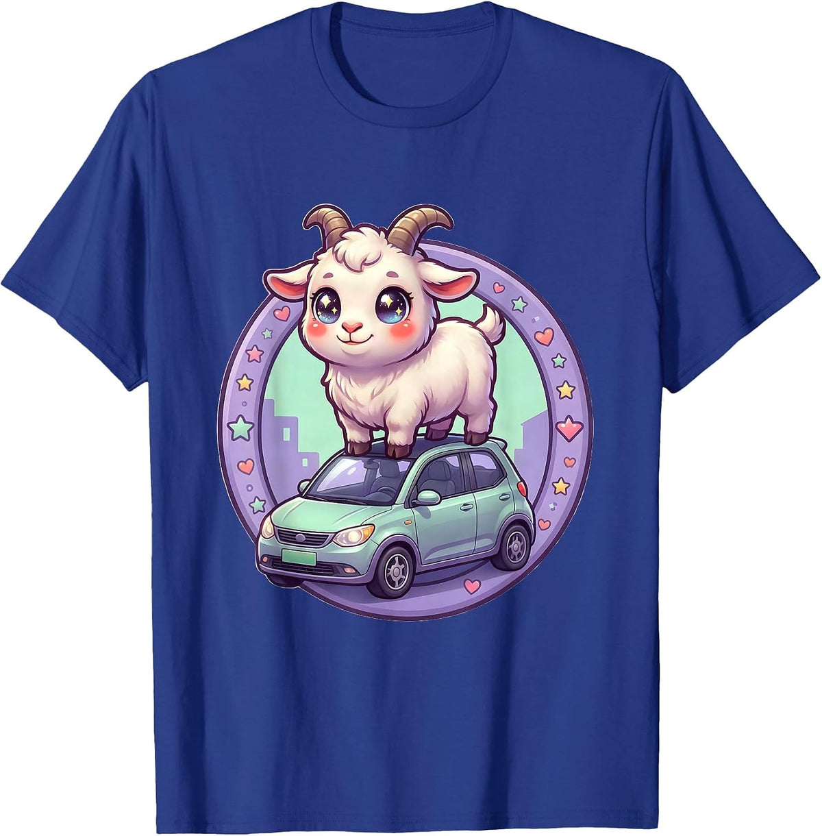 Goat on a Car Roof Funny Animal Graphic T-Shirt - Royal Blue
