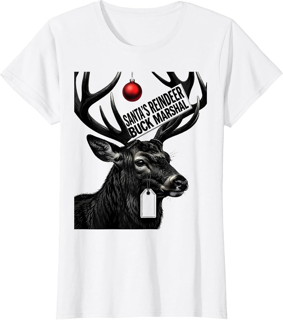 Women's Santa's Reindeer Buck Marshal Funny Hunting Christmas Deer T-Shirt - White