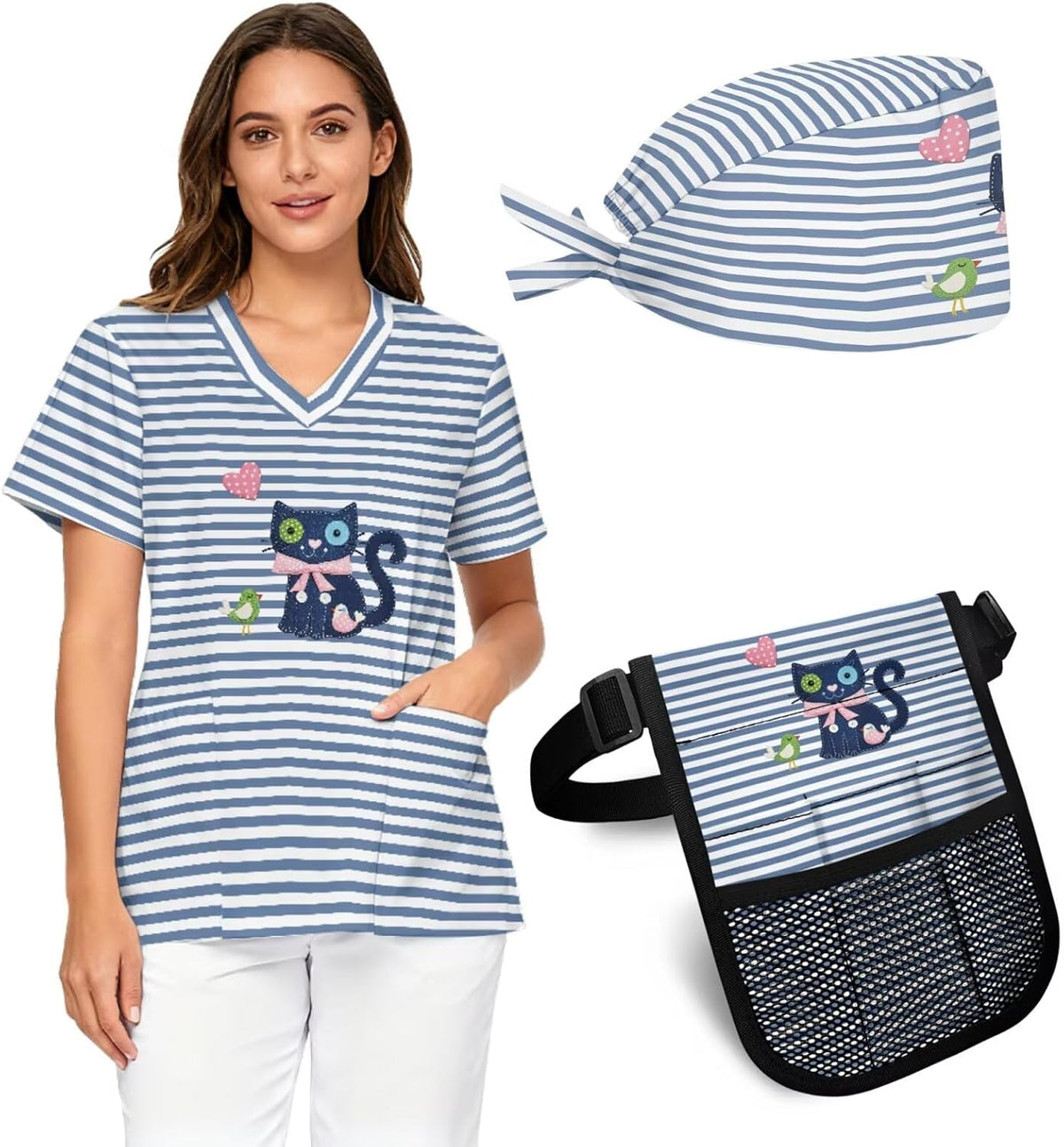 Women's Medical Workwear Three-Piece Set V-neck top waist pouch and pocketed work cap - Blue Stripes & Cat Print