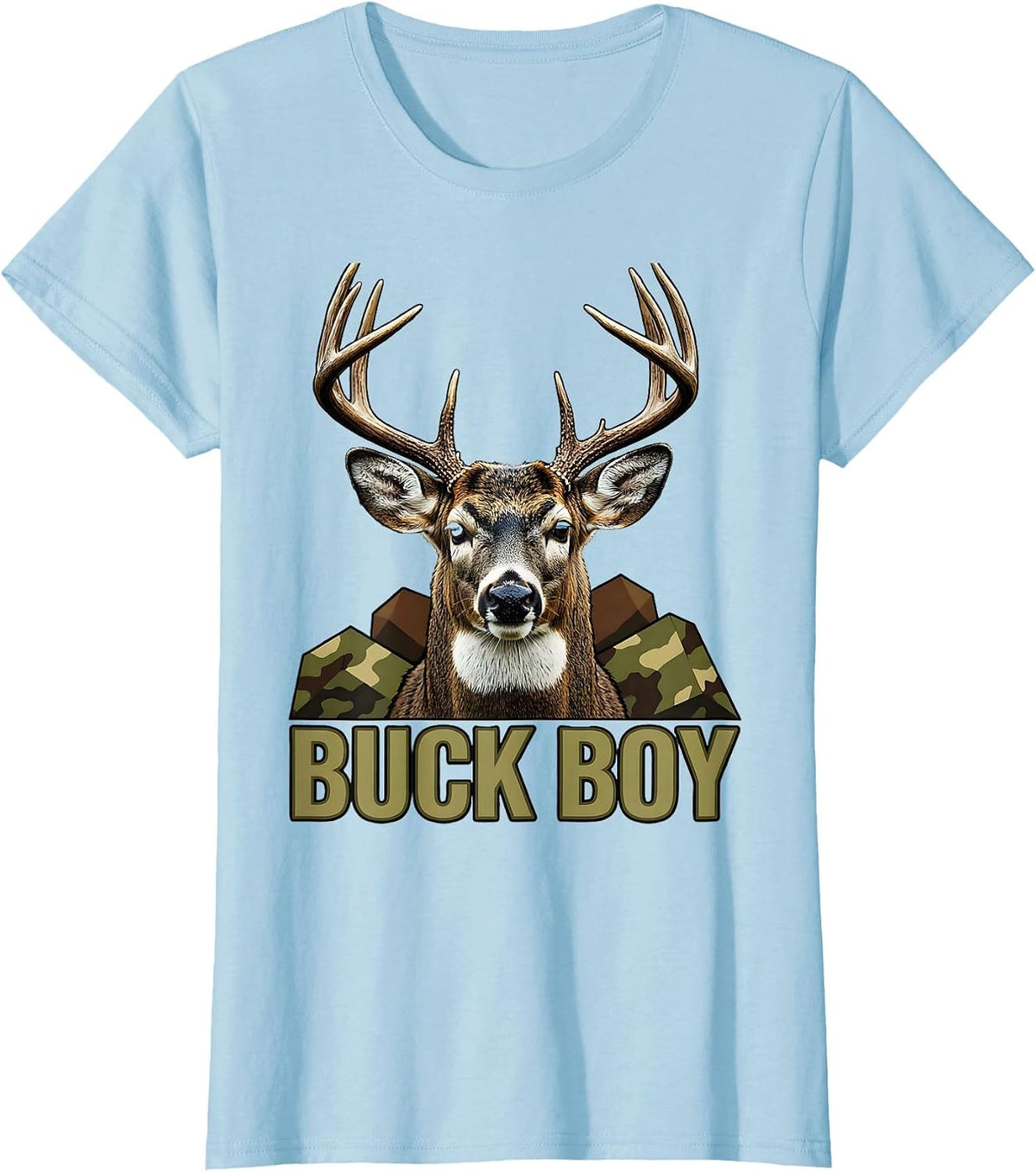 Women's Buck Boy Screenprint Camo Deer Hunting Youth Humor T-Shirt - Baby Blue