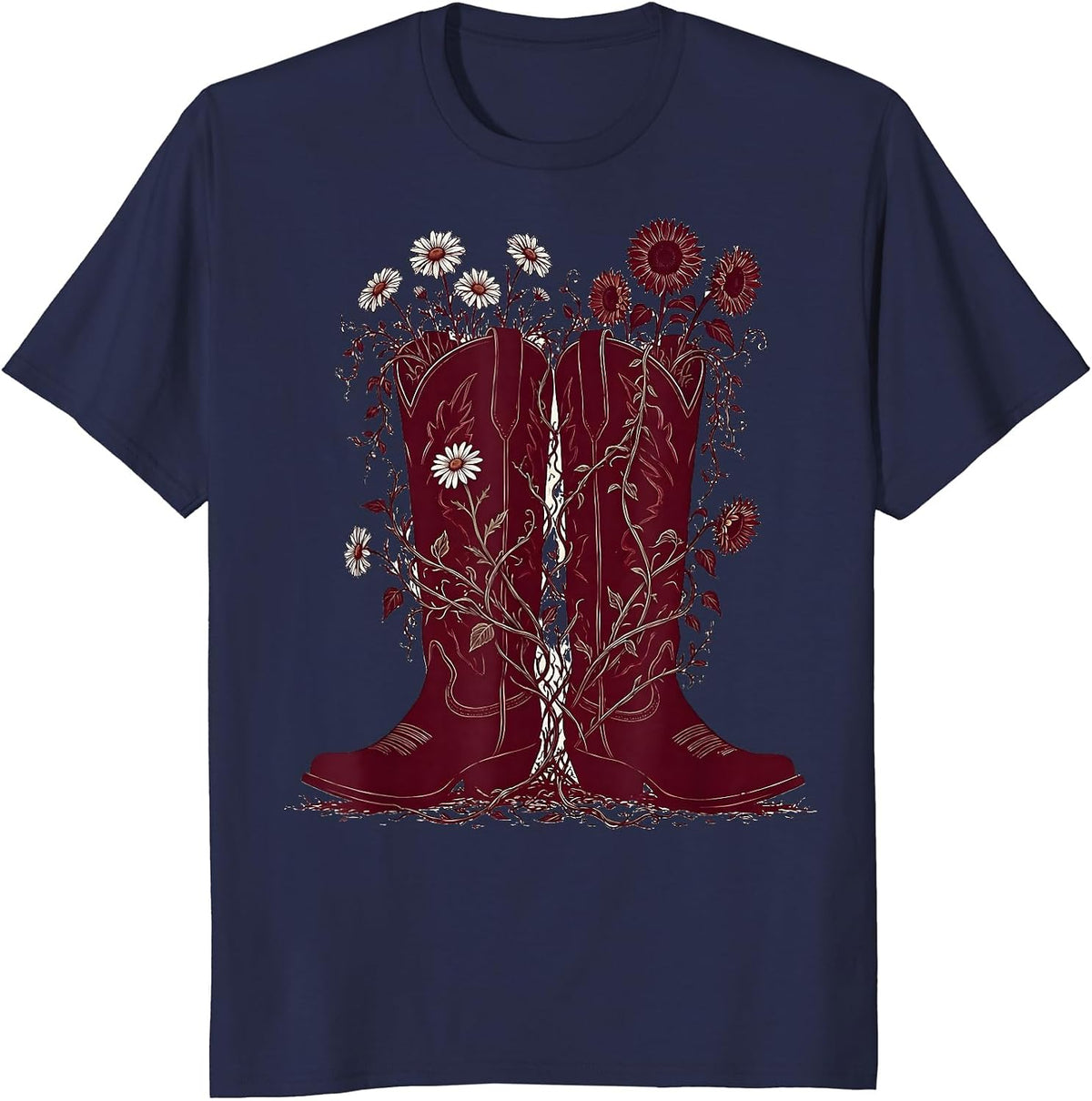 Red Cowboy Boots Wildflower Vines Country Music Art T-Shirt - Navy Blue