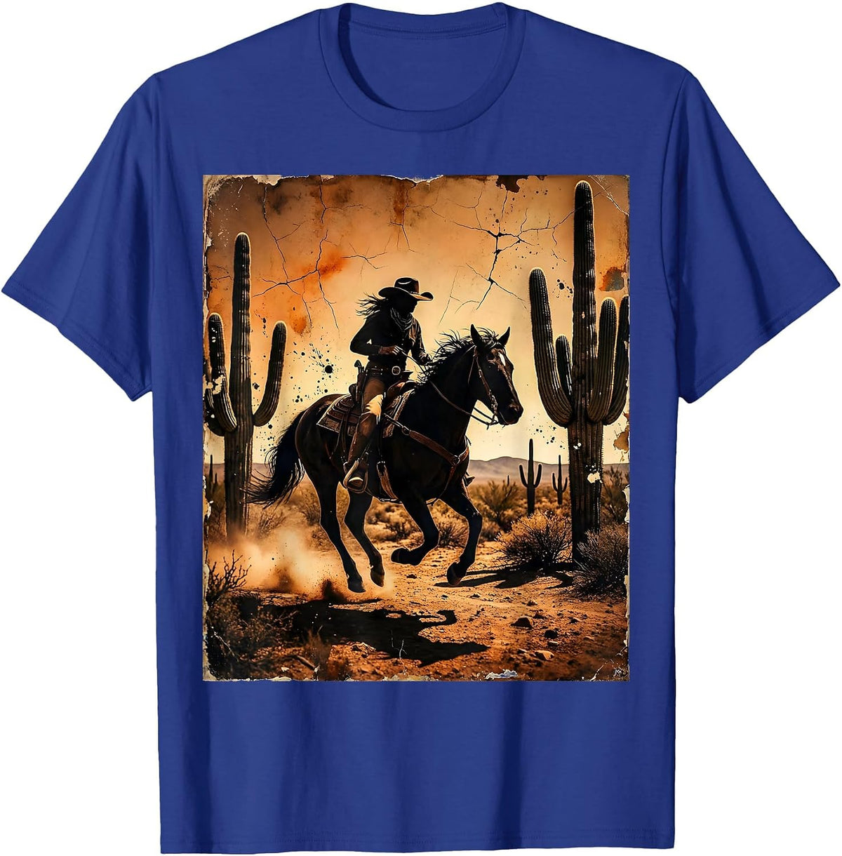 Cowgirl Riding Horse Desert Cactus Rodeo T-Shirt - Royal Blue