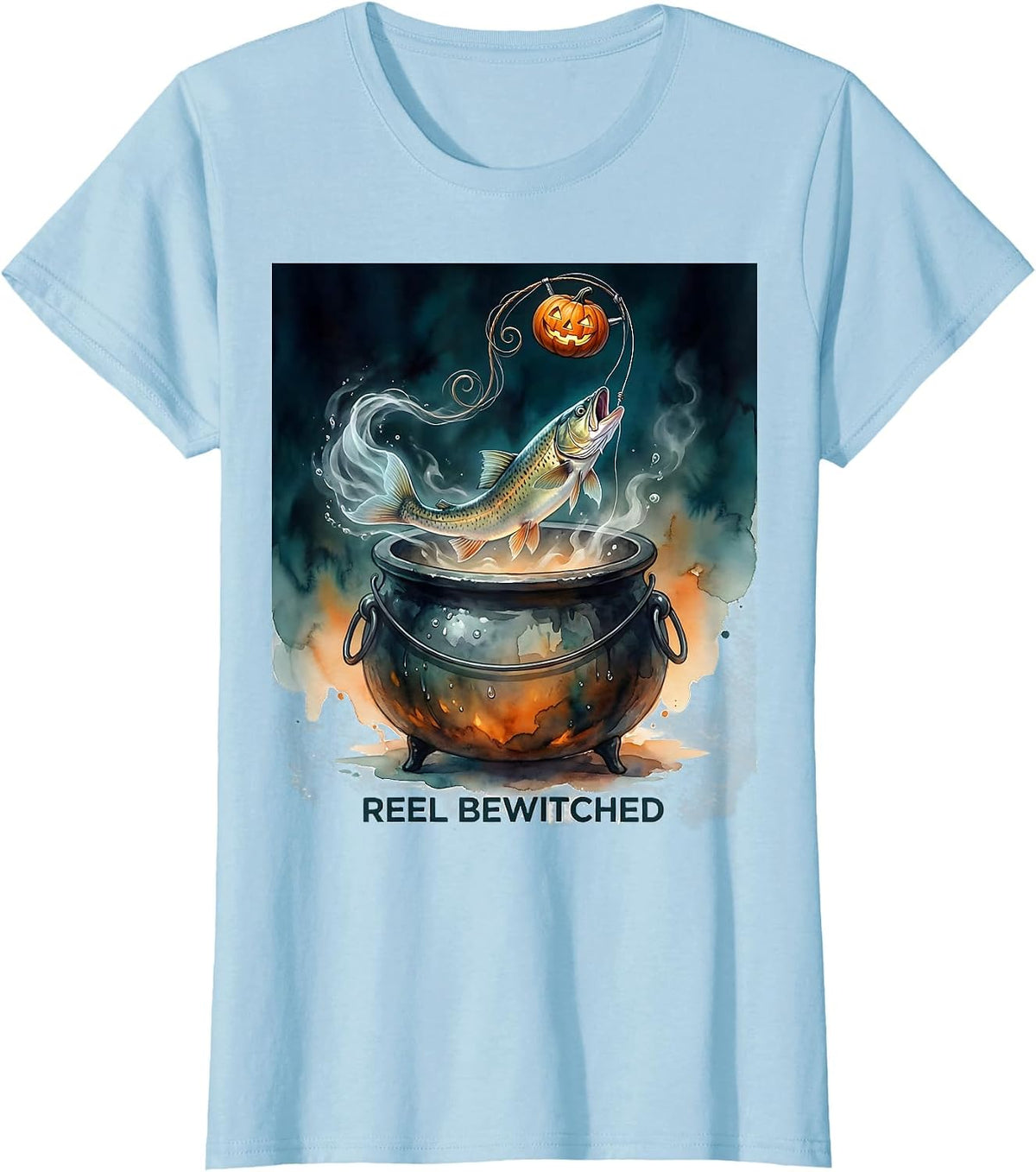 Reel Bewitched Watercolor Halloween Fishing Ghost Trout T-Shirt - Baby Blue