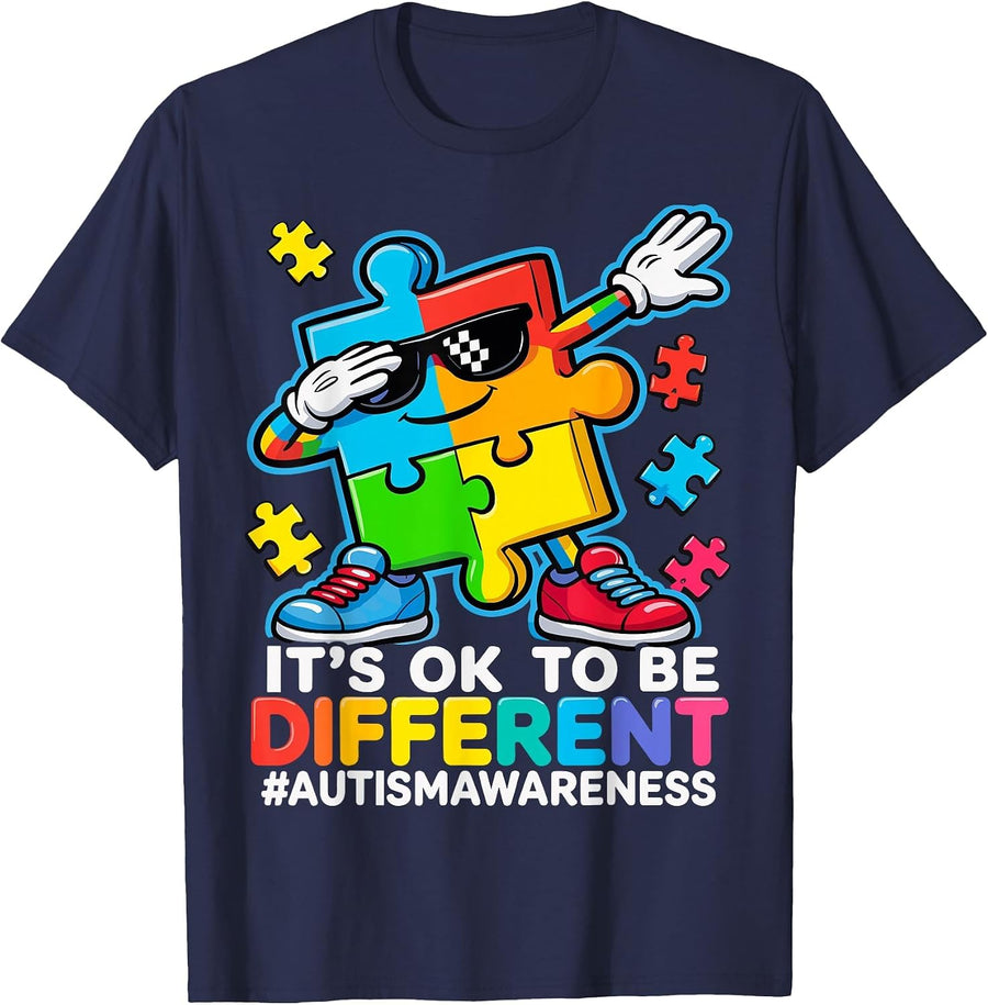 Autism Dabbing Puzzle It's OK to Be Different Autism T-Shirt - Navy Blue