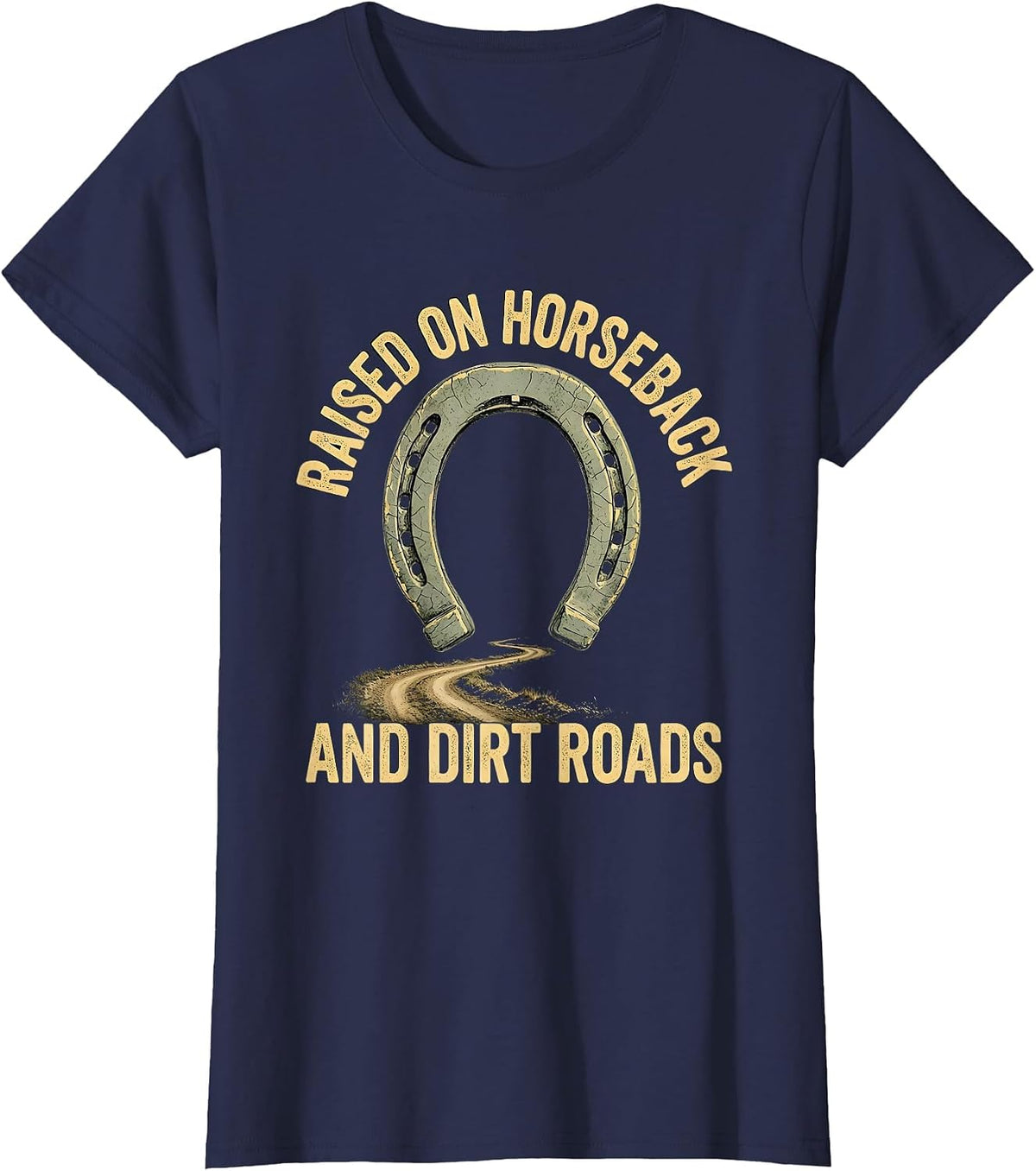 Women's Raised On Horseback And Dirt Roads Boho Western Cowboy Rodeo T-Shirt - Navy Blue