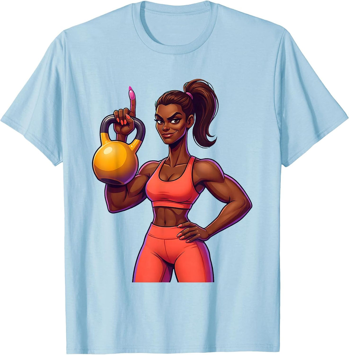 Smug One-Finger Kettlebell Lift Funny Gym Art T-Shirt - Baby Blue