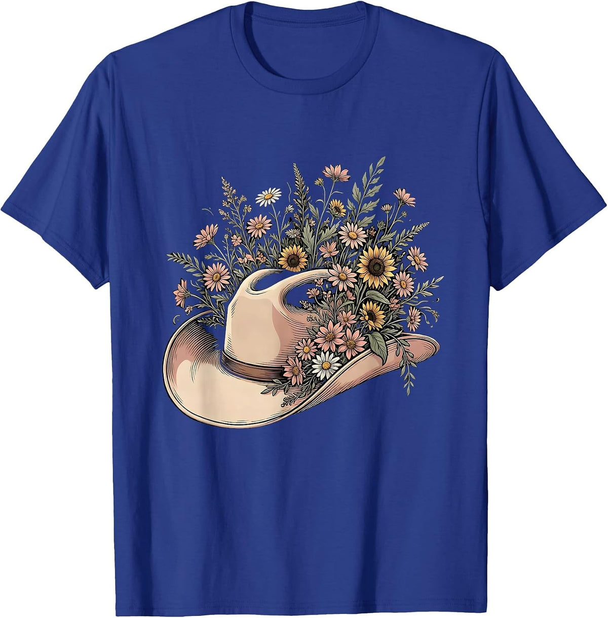 Men's Cowgirl Hat Wildflowers Western Floral Illustration T-Shirt - Royal Blue