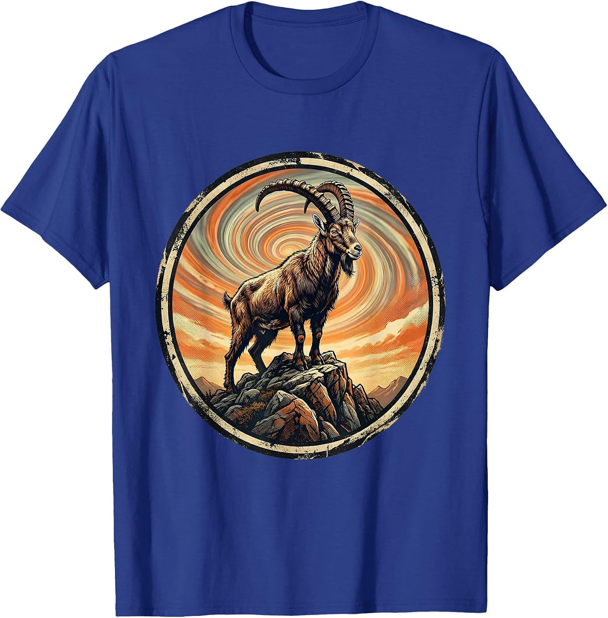 Mountain Goat Peak Tie Dye Sky Illustration T-Shirt - Royal Blue