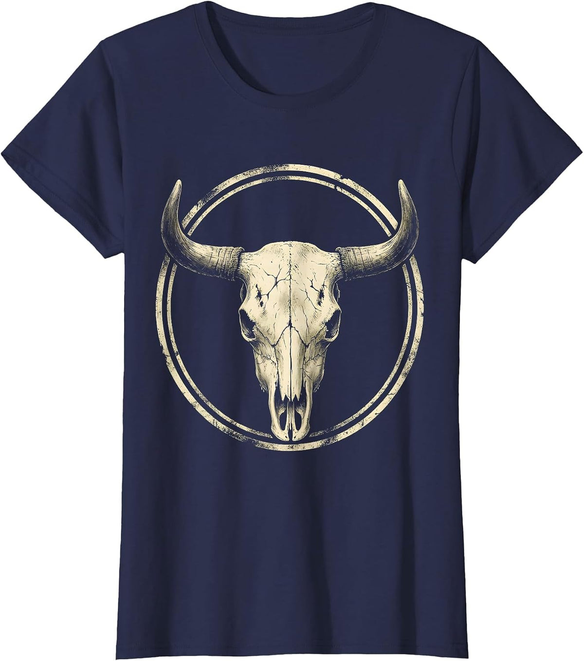 Women's Cow Skull Wildflowers Boho Western Floral Art T-Shirt - Navy Blue