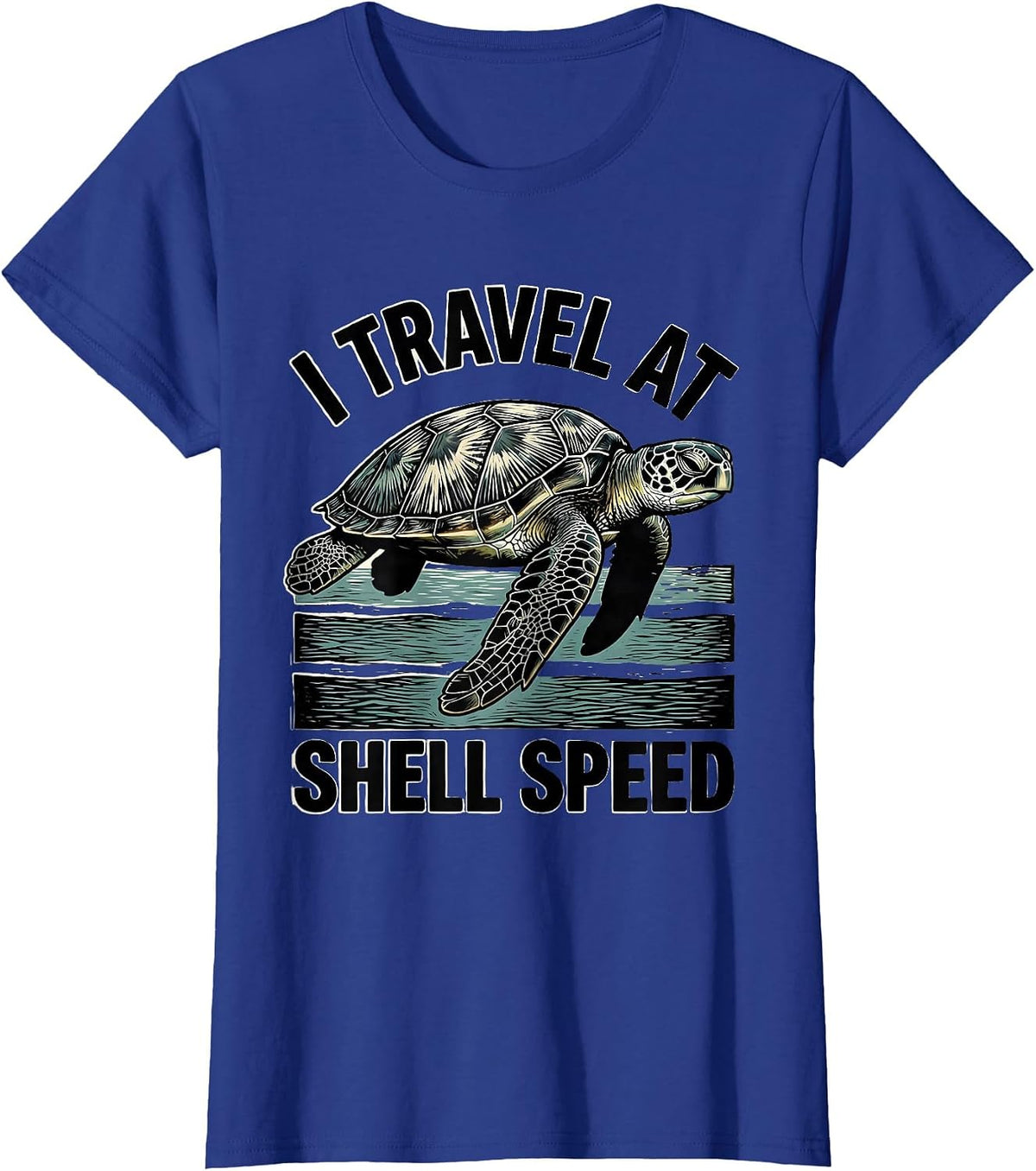 Women's I Travel At Shell Speed Woodcut Engraving Sea Turtle Lover T-Shirt - Royal Blue