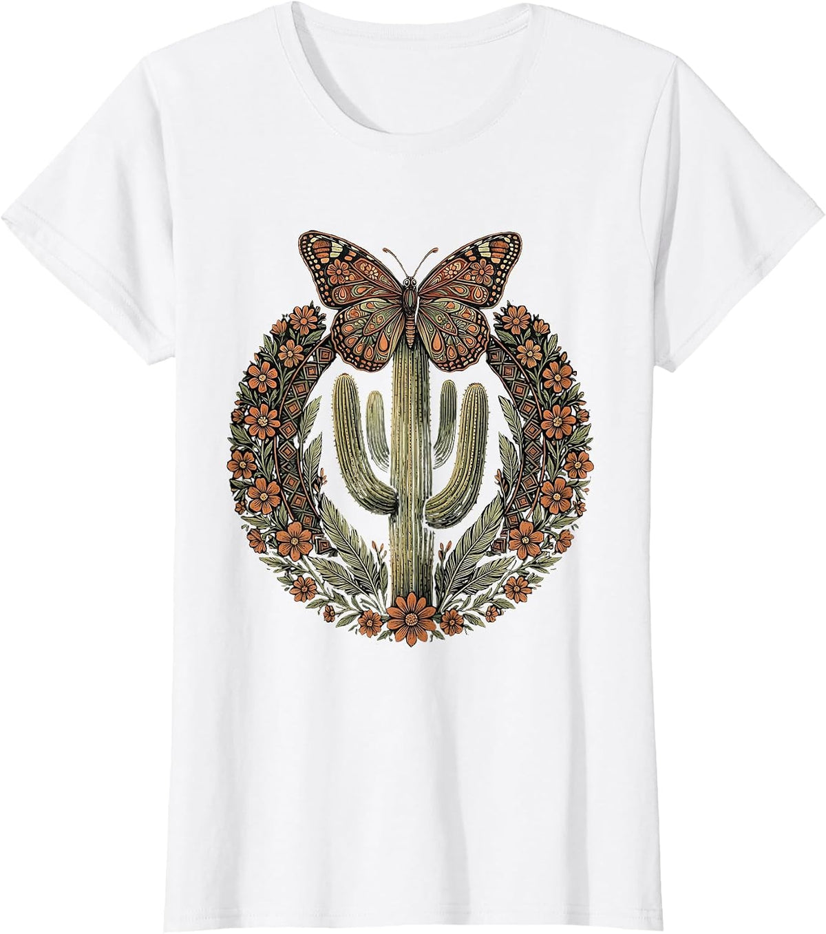 Women's Butterfly on Cactus Spine Western Desert Art T-Shirt - White