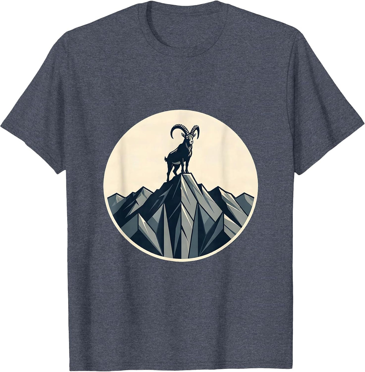 Mountain Goat Triumphant on Cliff Peak Graphic T-Shirt - Heather Blue