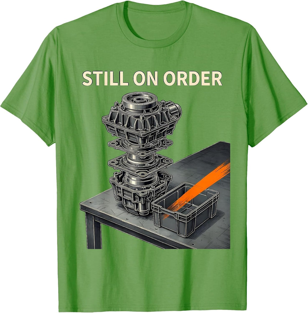 Men's Still On Order Exploded View Technical Auto Mechanic Waiting T-Shirt - Grass Green