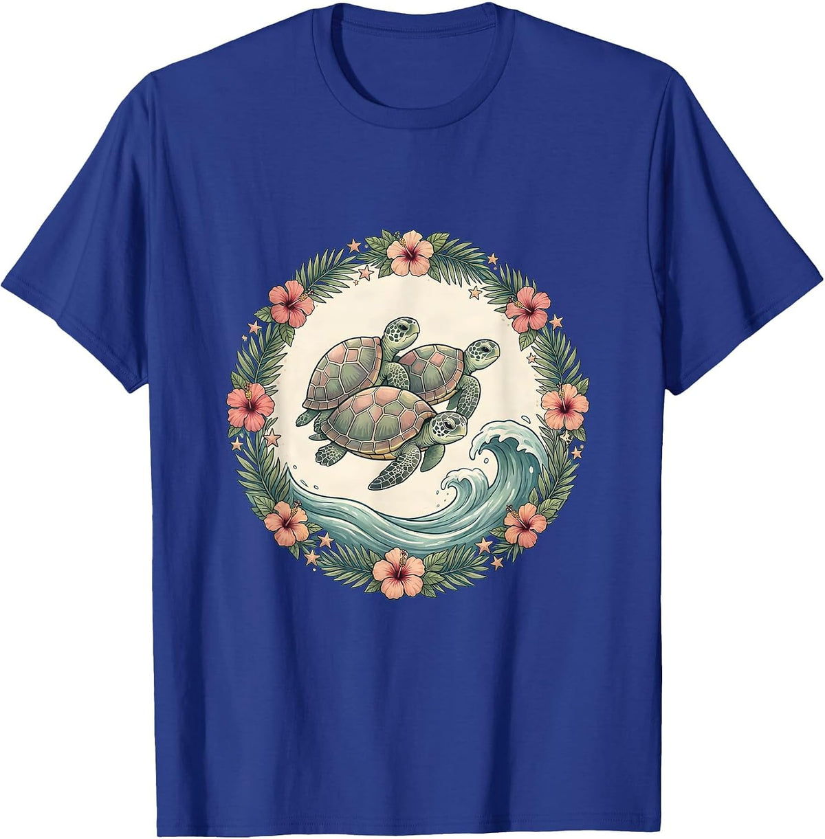 Baby Sea Turtles Hawaiian Ocean Wave Design T-Shirt - Royal Blue