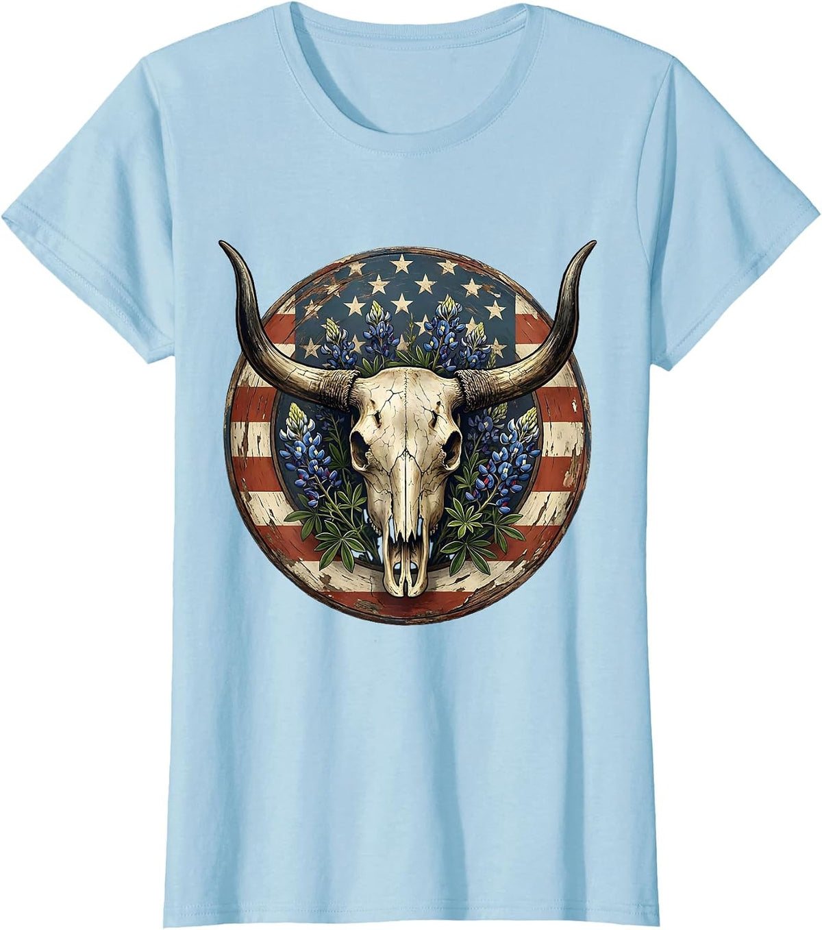 Longhorn Skull Wildflowers Western Boho Design T-Shirt - Baby Blue