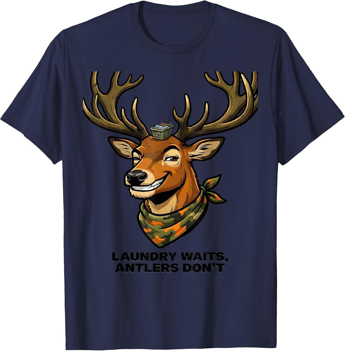 Men's Laundry Waits, Antlers Don't Funny Cartoon Deer Hunting Camo T-Shirt - Navy Blue
