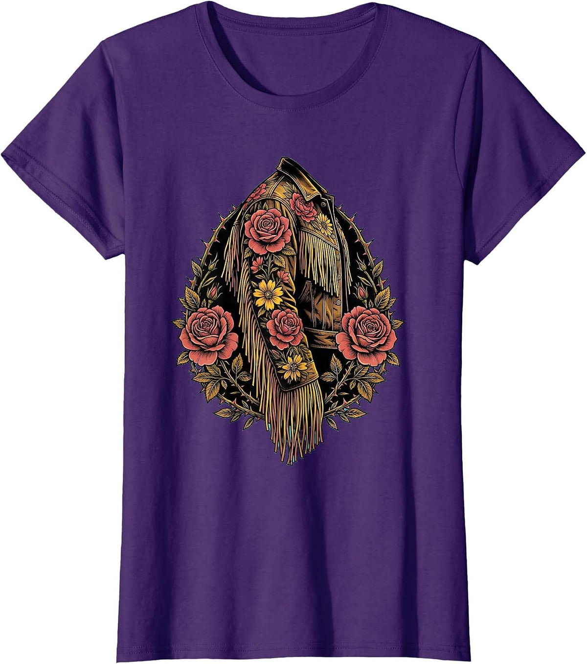 Women's Floral Embroidery Fringe Western Jacket Sleeve T-Shirt - Purple