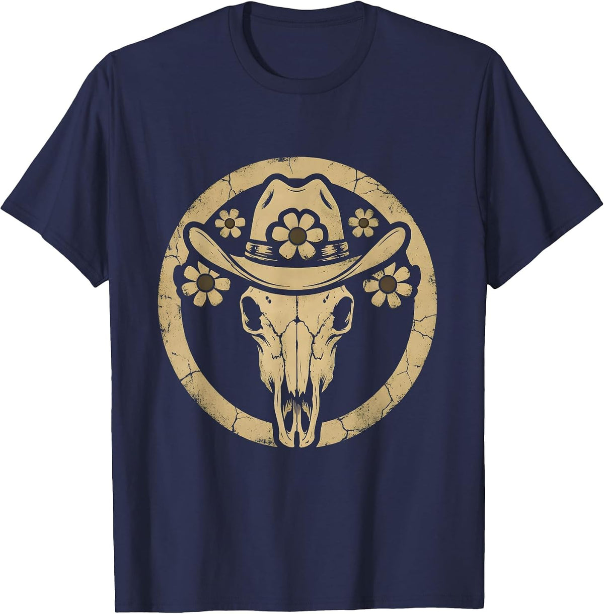 Men's Floral Cowboy Hat Skull Western Boho Design T-Shirt - Navy Blue