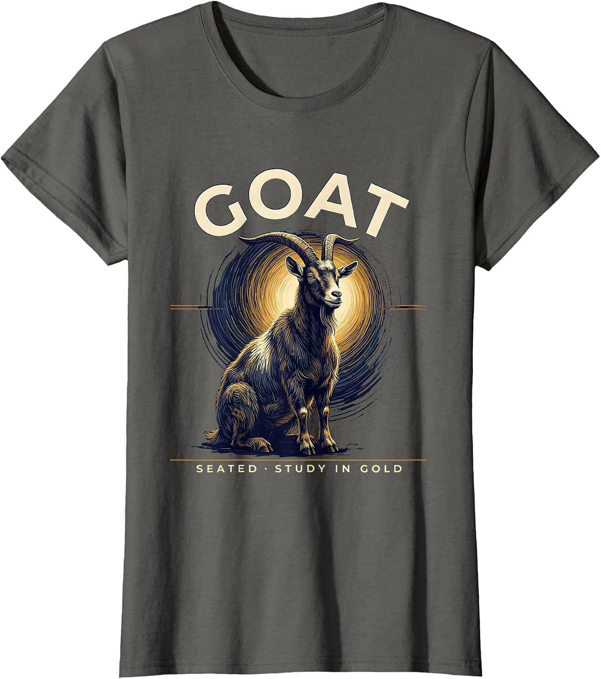 Women's Goat Seated Study In Gold Van Gogh Starry Night Animal T-Shirt - Asphalt Grey